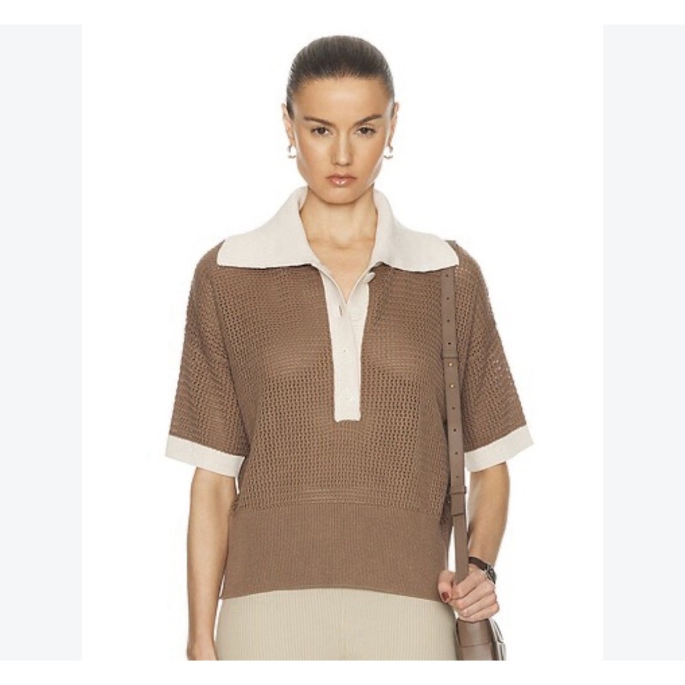 Varley Women's Finch Knit Polo Shirt Size L Taupe Brown Short Sleeve Cotton Mesh